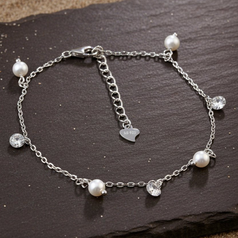 Pearl & CZ Charm 925 Silver Adjustable Bracelet - Zirak Silver