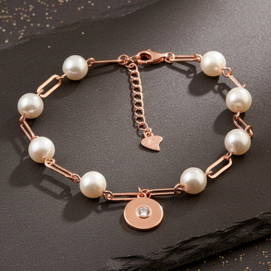 Pearl Link CZ Disc 925 Silver Rose Gold Bracelet - Zirak Silver