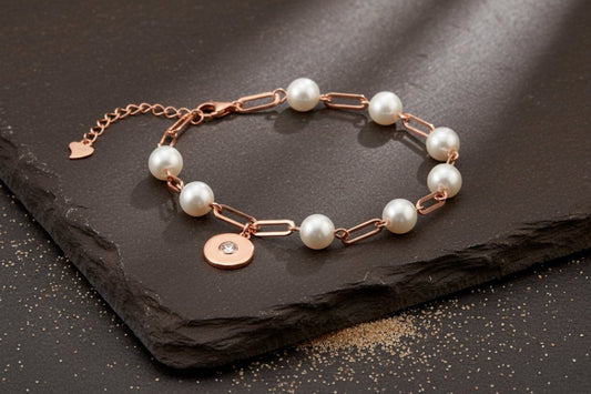 Pearl Link CZ Disc 925 Silver Rose Gold Bracelet - Zirak Silver