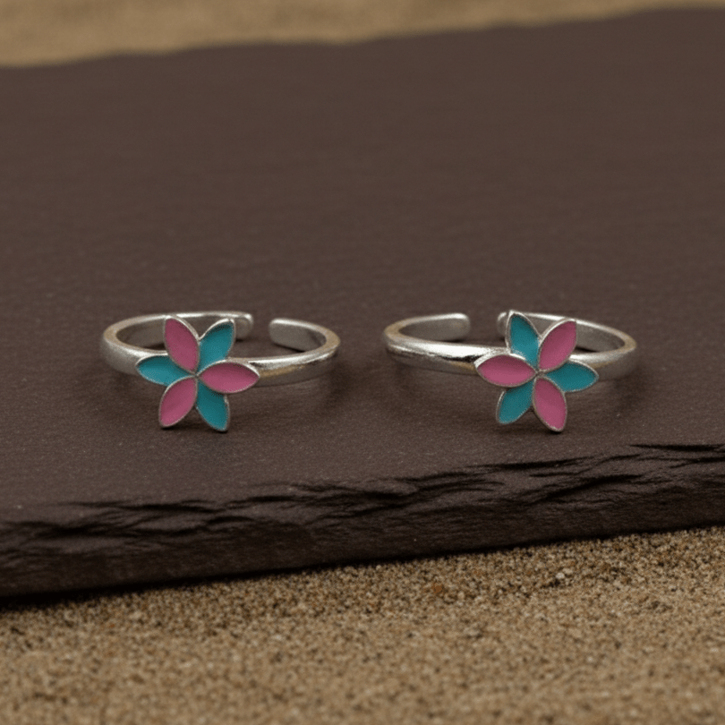Pink Blue Enamel Flower Silver Toe Ring - Zirak Silver