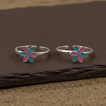 Pink Blue Enamel Flower Silver Toe Ring - Zirak Silver