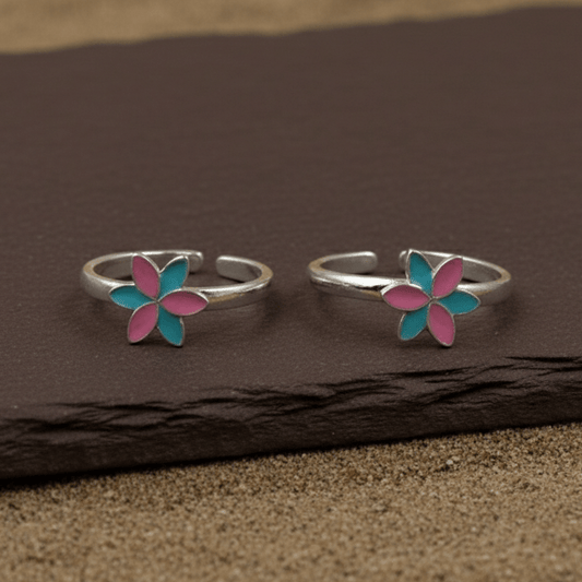 Pink Blue Enamel Flower Silver Toe Ring - Zirak Silver