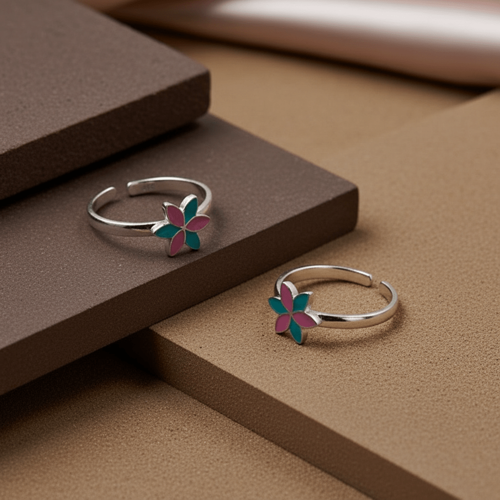 Pink Blue Enamel Flower Silver Toe Ring - Zirak Silver