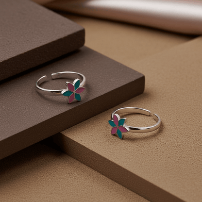 Pink Blue Enamel Flower Silver Toe Ring - Zirak Silver