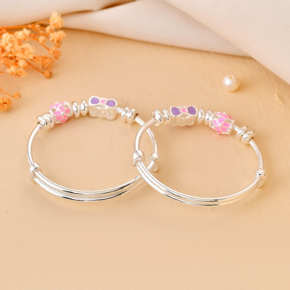 Pink - Bow Sterling - Silver Baby Bangle Set | Adjustable Kada with Mosaic Enamel Beads - Zirak Silver