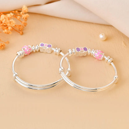 Pink - Bow Sterling - Silver Baby Bangle Set | Adjustable Kada with Mosaic Enamel Beads - Zirak Silver