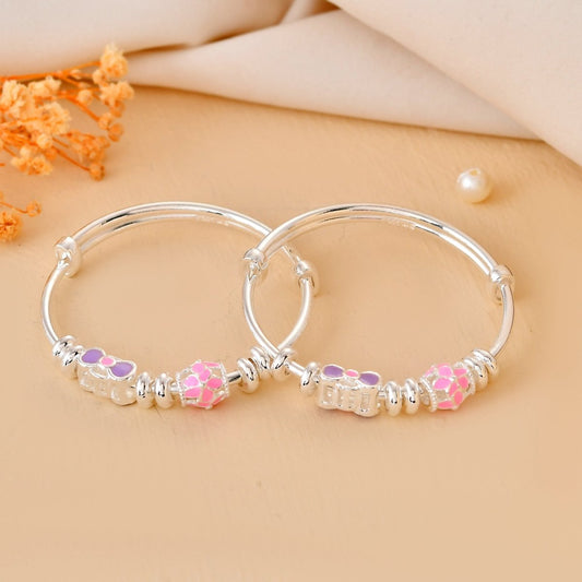 Pink - Bow Sterling - Silver Baby Bangle Set | Adjustable Kada with Mosaic Enamel Beads - Zirak Silver