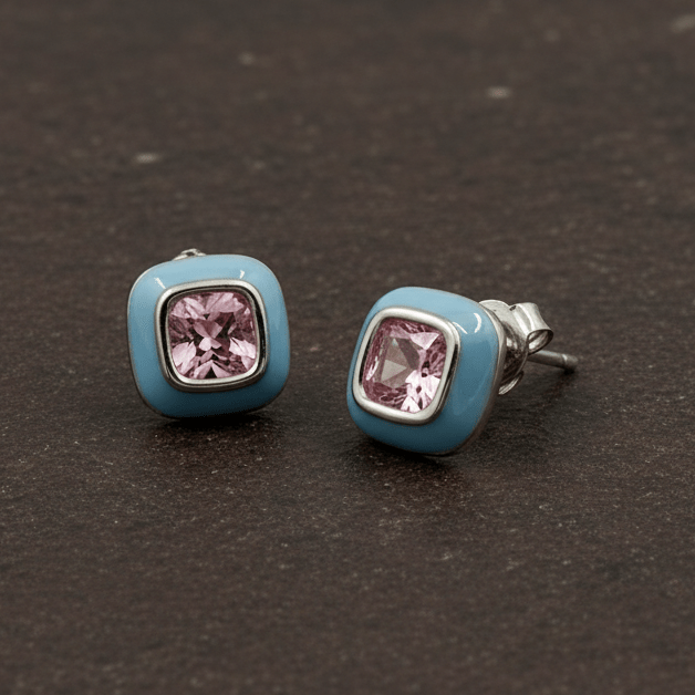 Pink Cushion - Cut Stone Stud Earrings with Blue Enamel Border - Zirak Silver