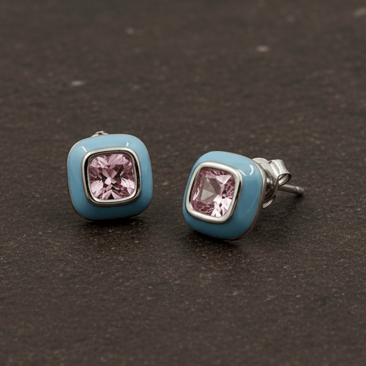 Pink Cushion - Cut Stone Stud Earrings with Blue Enamel Border - Zirak Silver
