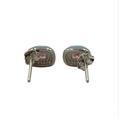 Pink Cushion - Cut Stone Stud Earrings with Blue Enamel Border - Zirak Silver