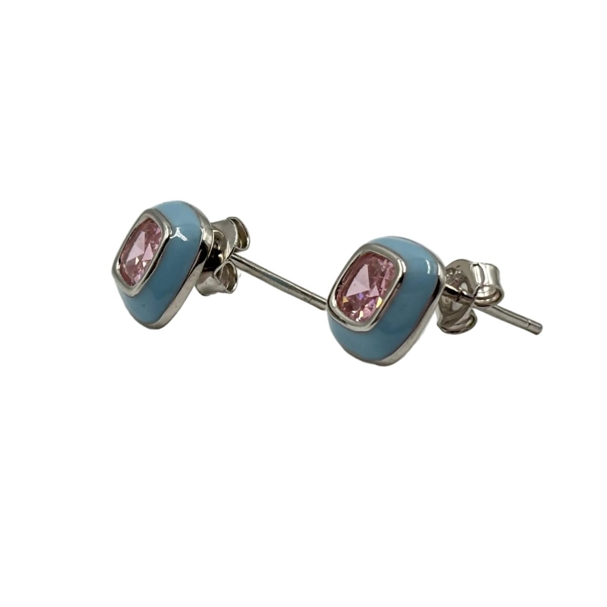 Pink Cushion - Cut Stone Stud Earrings with Blue Enamel Border - Zirak Silver