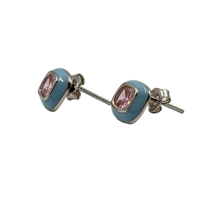 Pink Cushion - Cut Stone Stud Earrings with Blue Enamel Border - Zirak Silver