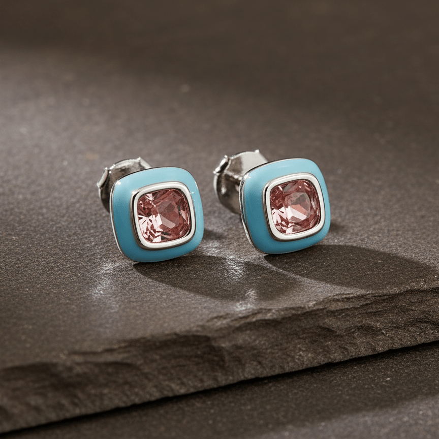 Pink Cushion - Cut Stone Stud Earrings with Blue Enamel Border - Zirak Silver