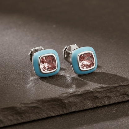Pink Cushion - Cut Stone Stud Earrings with Blue Enamel Border - Zirak Silver