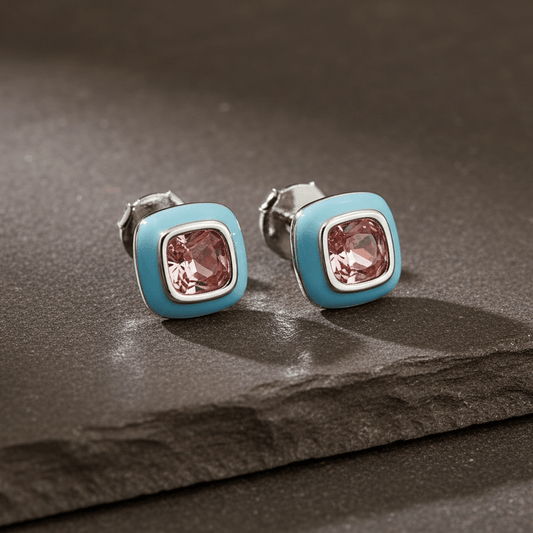 Pink Cushion - Cut Stone Stud Earrings with Blue Enamel Border - Zirak Silver