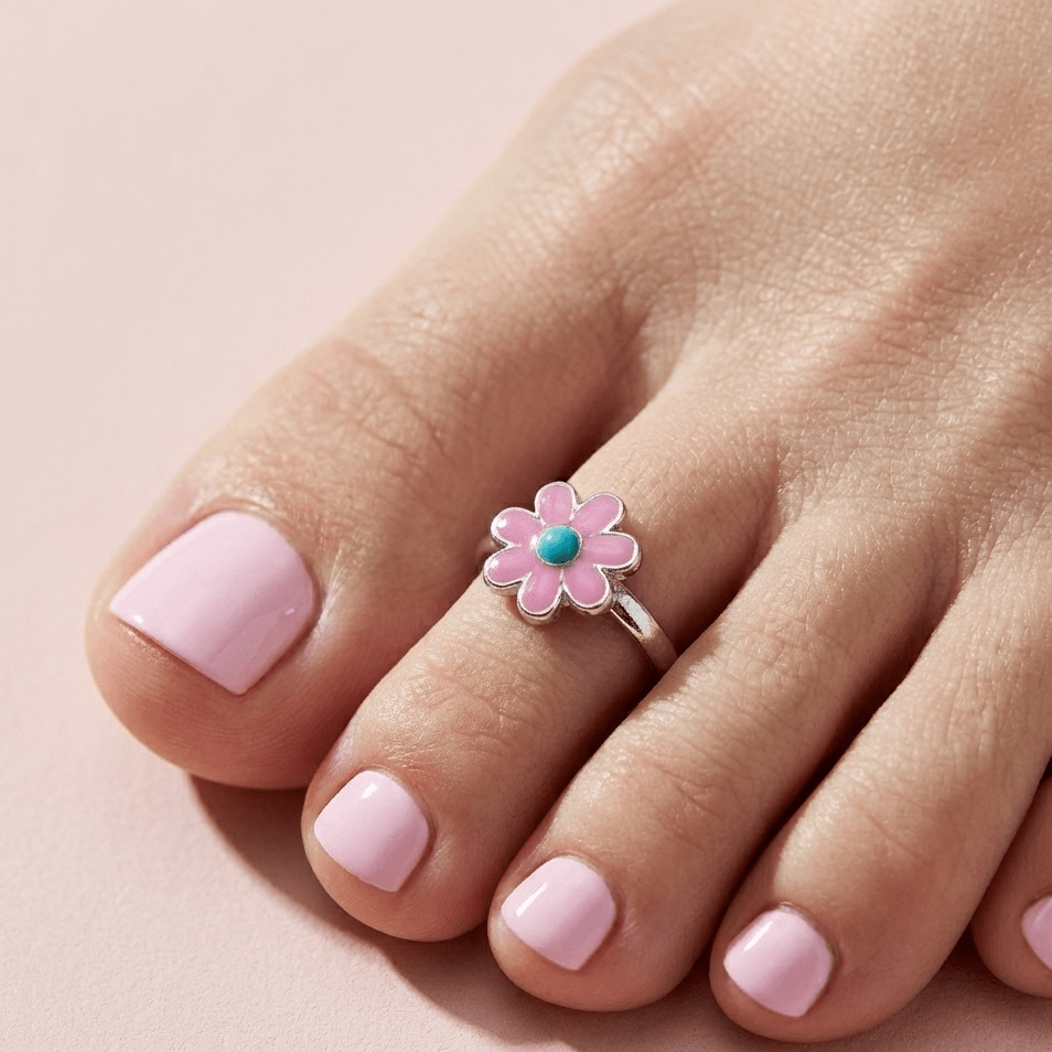 Pink Daisy Blossom 925 Silver Toe Ring - Zirak Silver