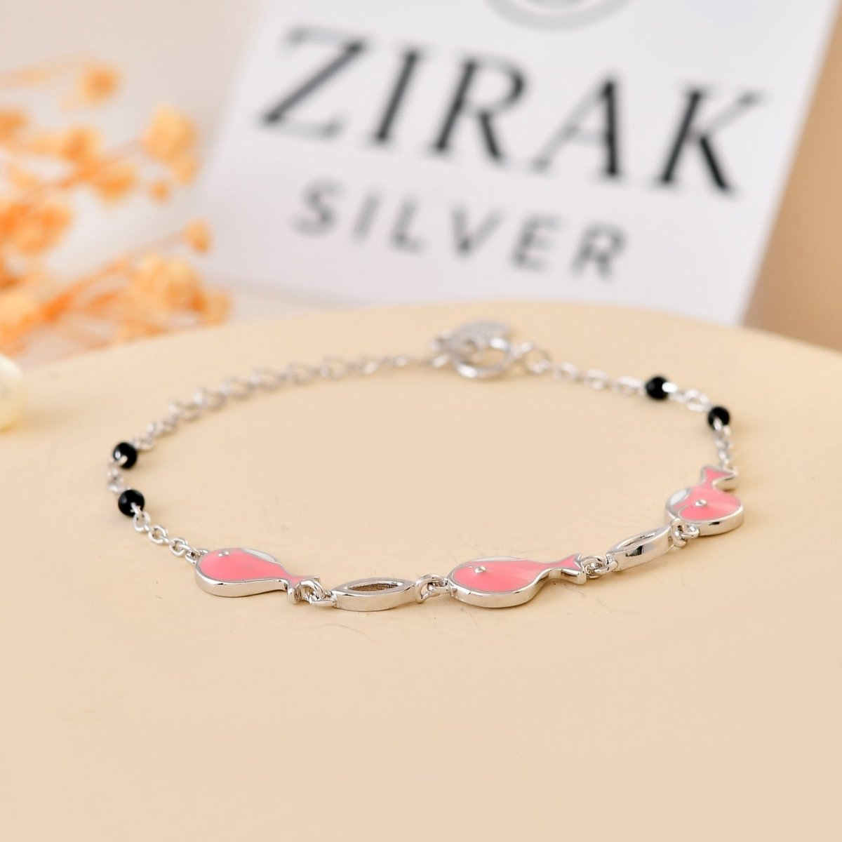Pink - Fish Sterling - Silver Nazariya Bracelet | Adjustable Chain with Black Beads - Zirak Silver