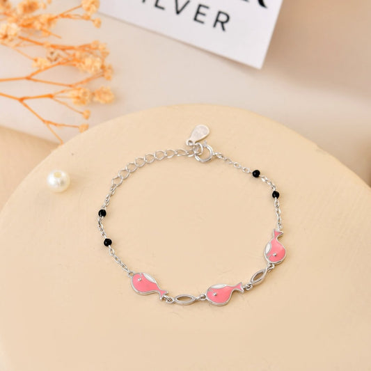 Pink - Fish Sterling - Silver Nazariya Bracelet | Adjustable Chain with Black Beads - Zirak Silver