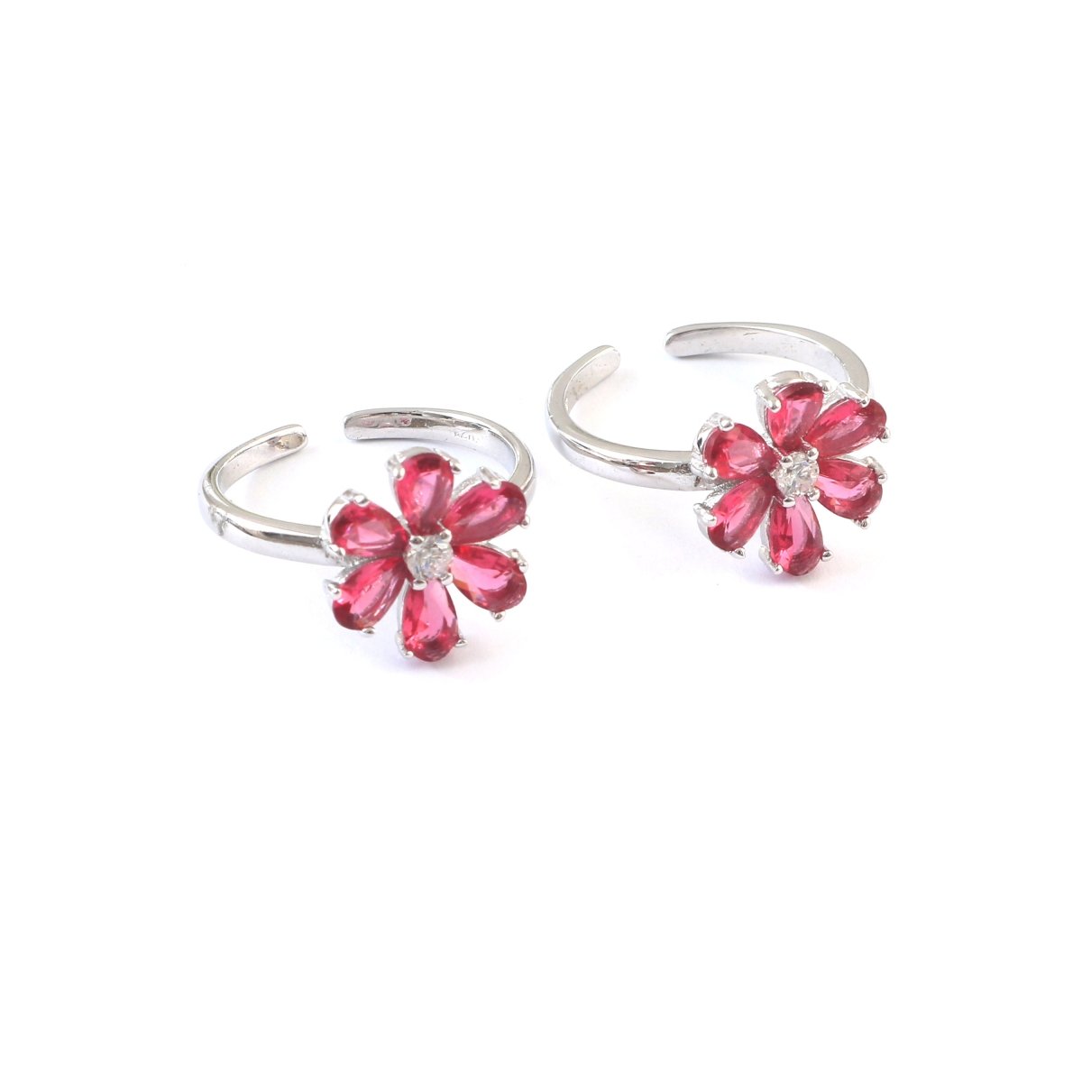 Pink Floral Adjustable Silver Toe Ring | 925 Sterling Silver Flower Toe Ring for Women - Zirak Silver