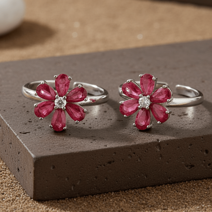 Pink Floral Adjustable Silver Toe Ring | 925 Sterling Silver Flower Toe Ring for Women - Zirak Silver