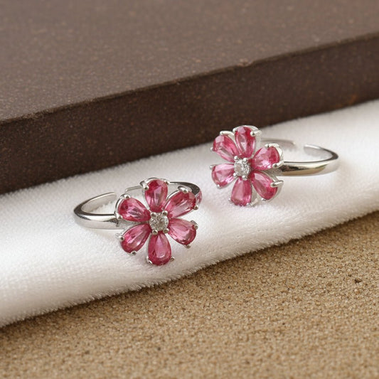 Pink Floral Adjustable Silver Toe Ring | 925 Sterling Silver Flower Toe Ring for Women - Zirak Silver