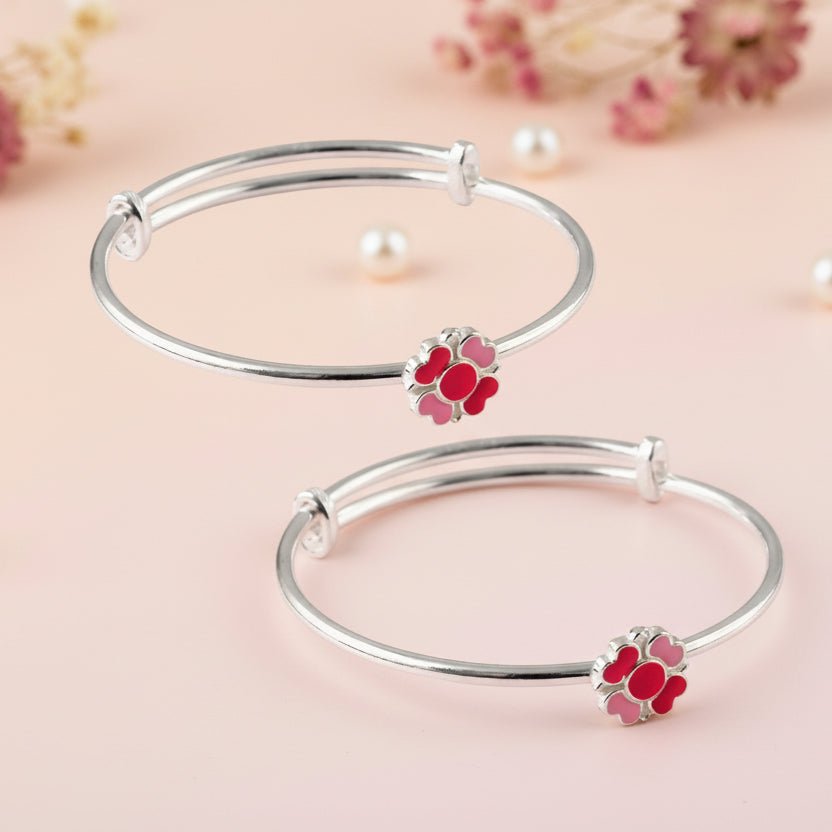 Pink Flower Adjustable Bracelet Pair for Kids | Silver Tone Open Cuff Bracelets - Zirak Silver