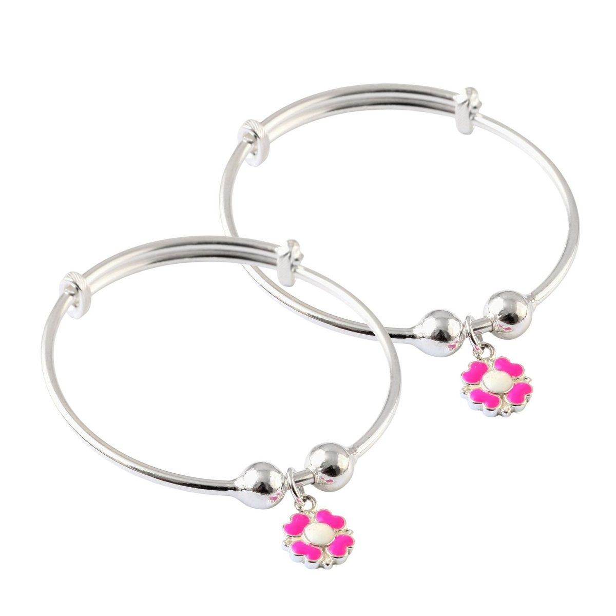 Pink Flower Charm Silver Adjustable Bracelet Pair for Kids - Zirak Silver