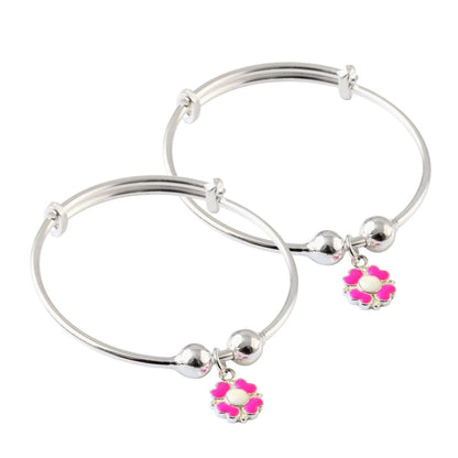 Pink Flower Charm Silver Adjustable Bracelet Pair for Kids - Zirak Silver