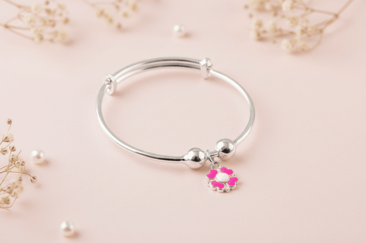 Pink Flower Charm Silver Adjustable Bracelet Pair for Kids - Zirak Silver
