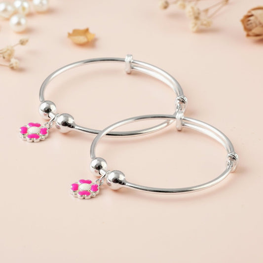 Pink Flower Charm Silver Adjustable Bracelet Pair for Kids - Zirak Silver
