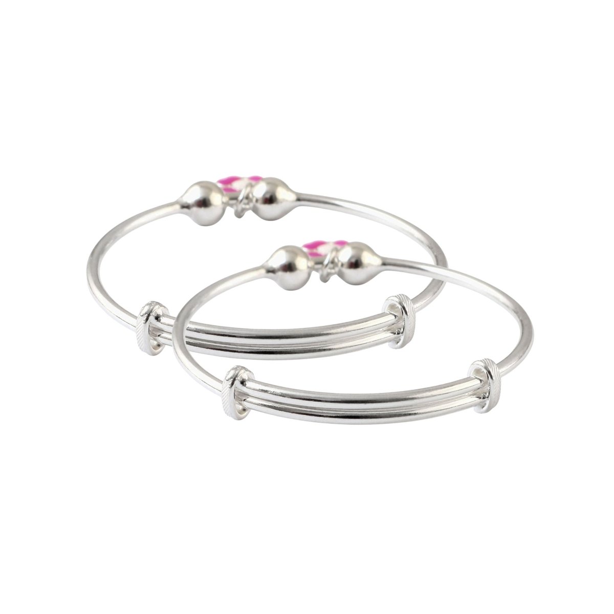 Pink Flower Charm Silver Adjustable Bracelet Pair for Kids - Zirak Silver