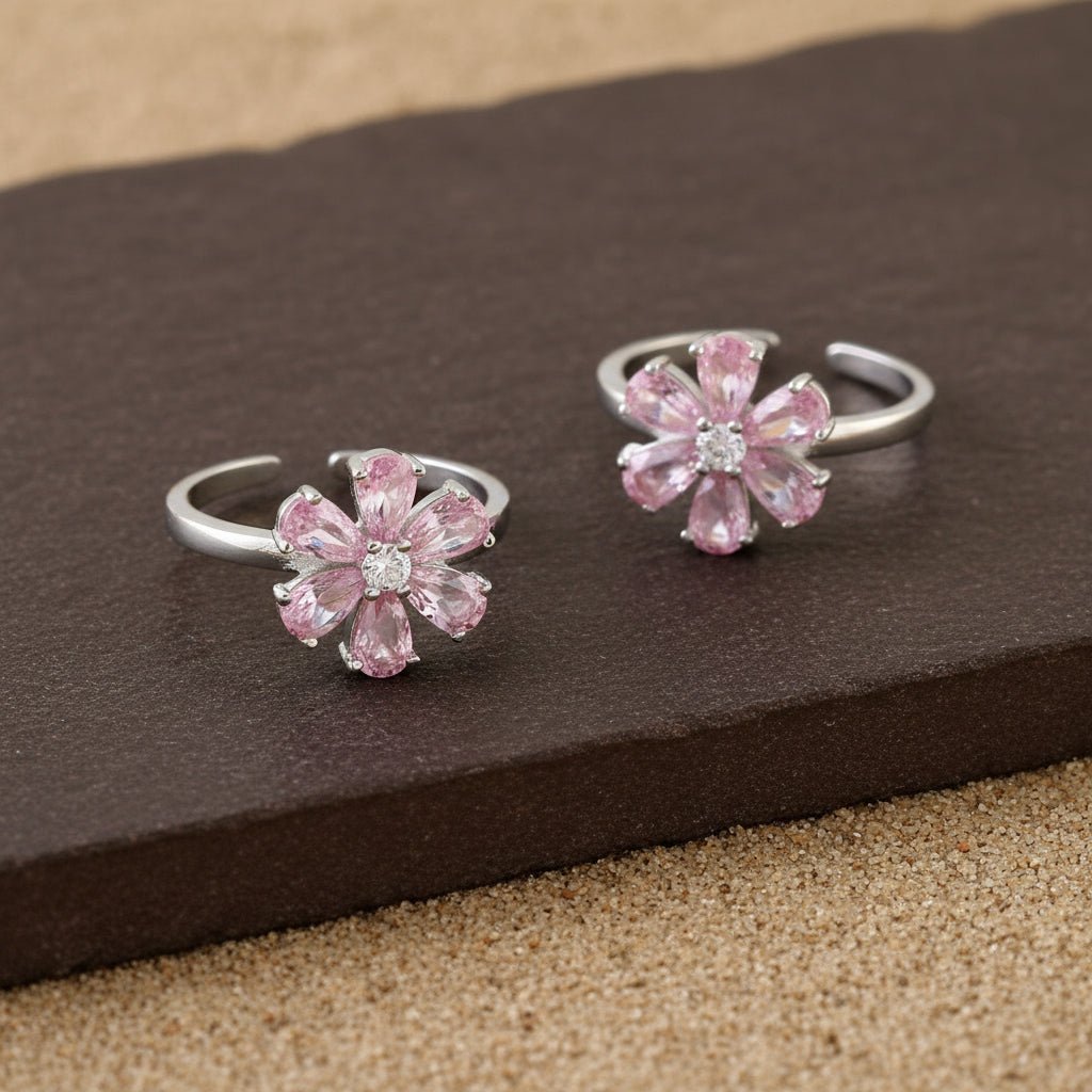 Pink Flower Silver Toe Ring | 925 Sterling Silver Adjustable Floral Toe Ring for Women - Zirak Silver