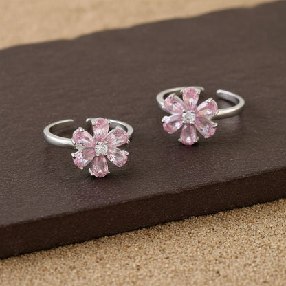 Pink Flower Silver Toe Ring | 925 Sterling Silver Adjustable Floral Toe Ring for Women - Zirak Silver