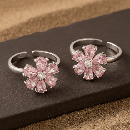 Pink Flower Silver Toe Ring | 925 Sterling Silver Adjustable Floral Toe Ring for Women - Zirak Silver