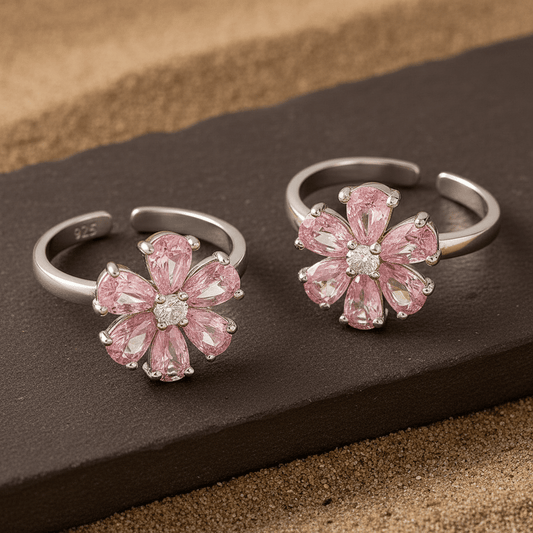 Pink Flower Silver Toe Ring | 925 Sterling Silver Adjustable Floral Toe Ring for Women - Zirak Silver