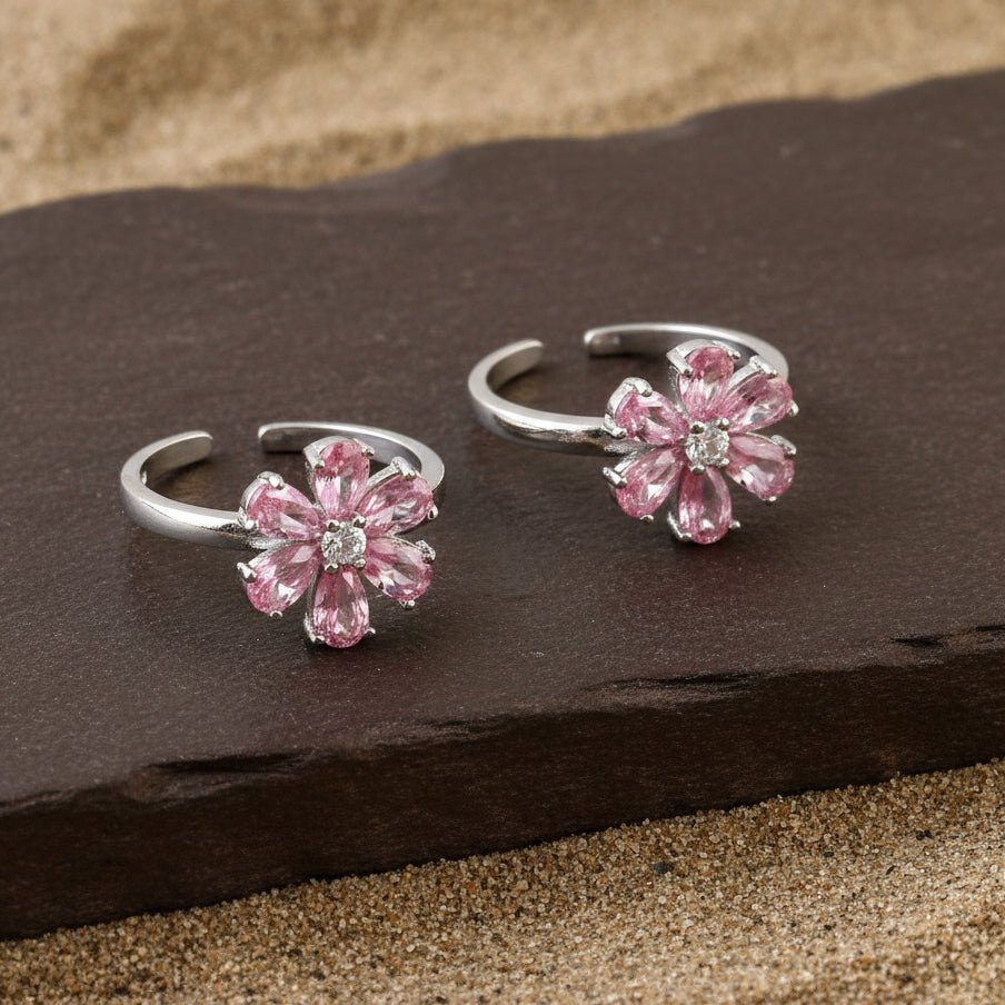 Pink Flower Silver Toe Ring | 925 Sterling Silver Adjustable Floral Toe Ring for Women - Zirak Silver