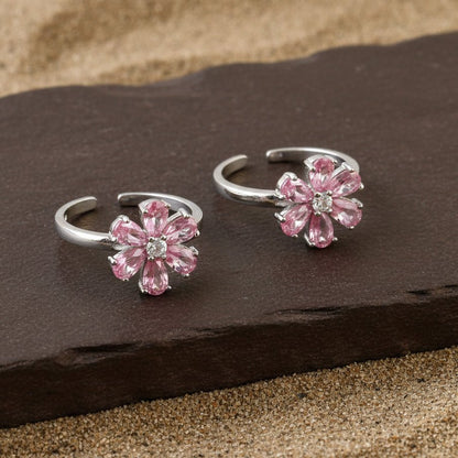 Pink Flower Silver Toe Ring | 925 Sterling Silver Adjustable Floral Toe Ring for Women - Zirak Silver