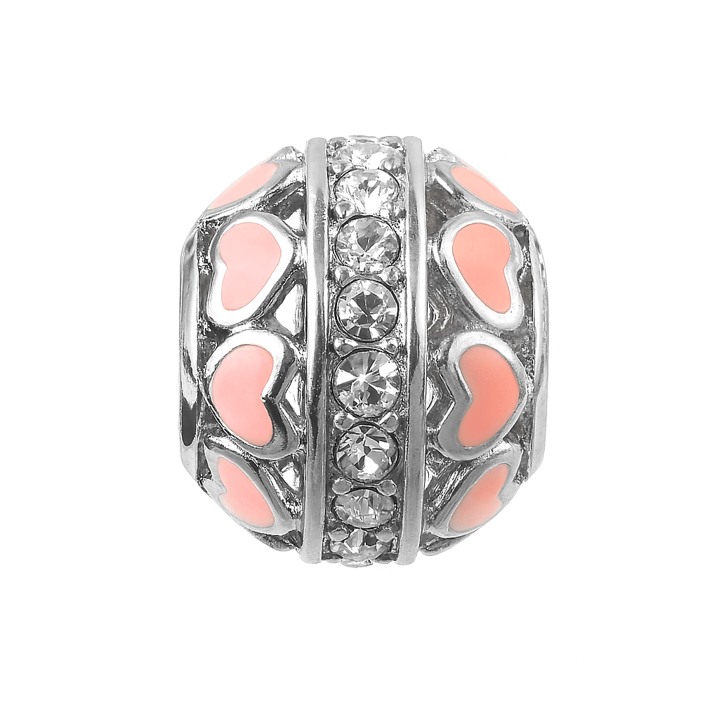 Pink Heart Enamel Charm Bead with Crystal Center – Sterling Silver Fit - Zirak Silver