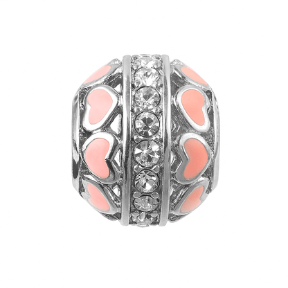 Pink Heart Enamel Charm Bead with Crystal Center – Sterling Silver Fit - Zirak Silver