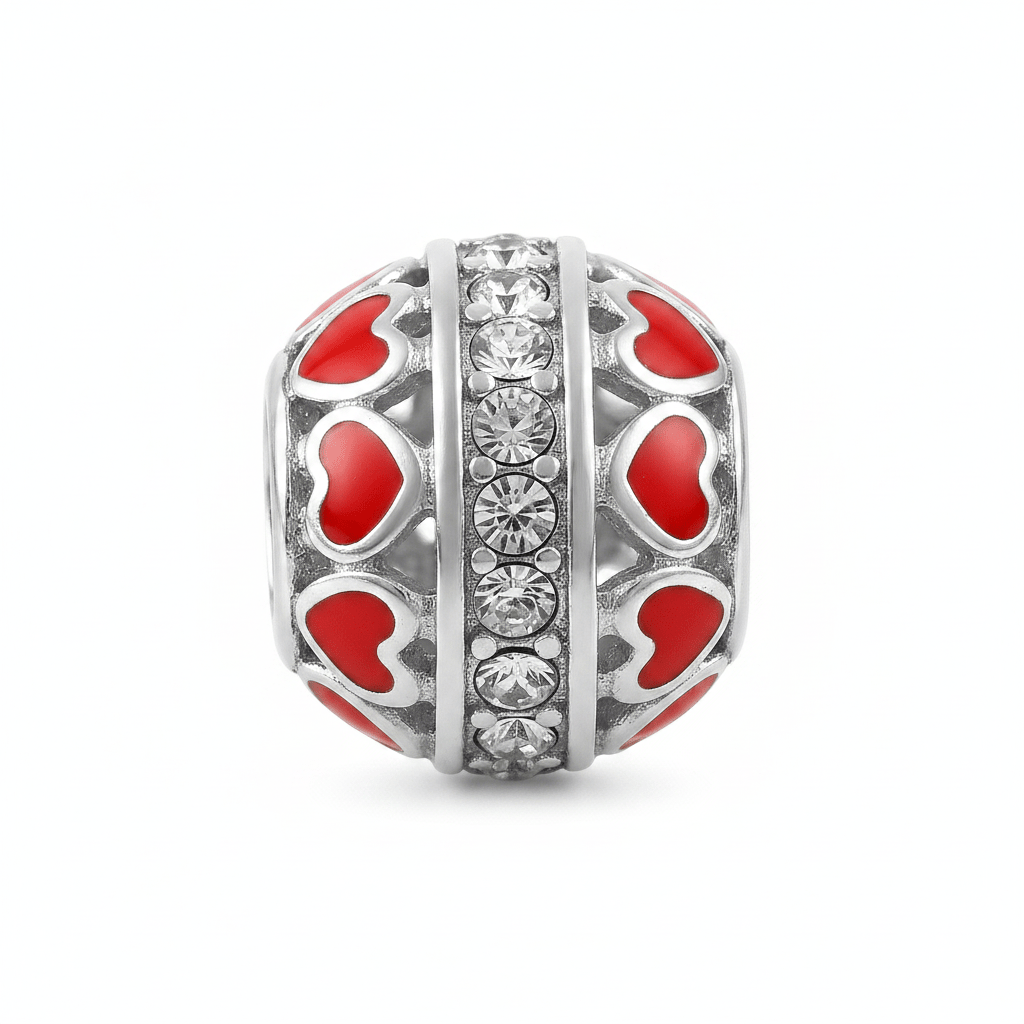 Pink Heart Enamel Charm Bead with Crystal Center – Sterling Silver Fit - Zirak Silver