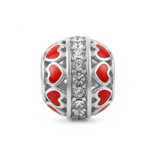 Pink Heart Enamel Charm Bead with Crystal Center – Sterling Silver Fit - Zirak Silver