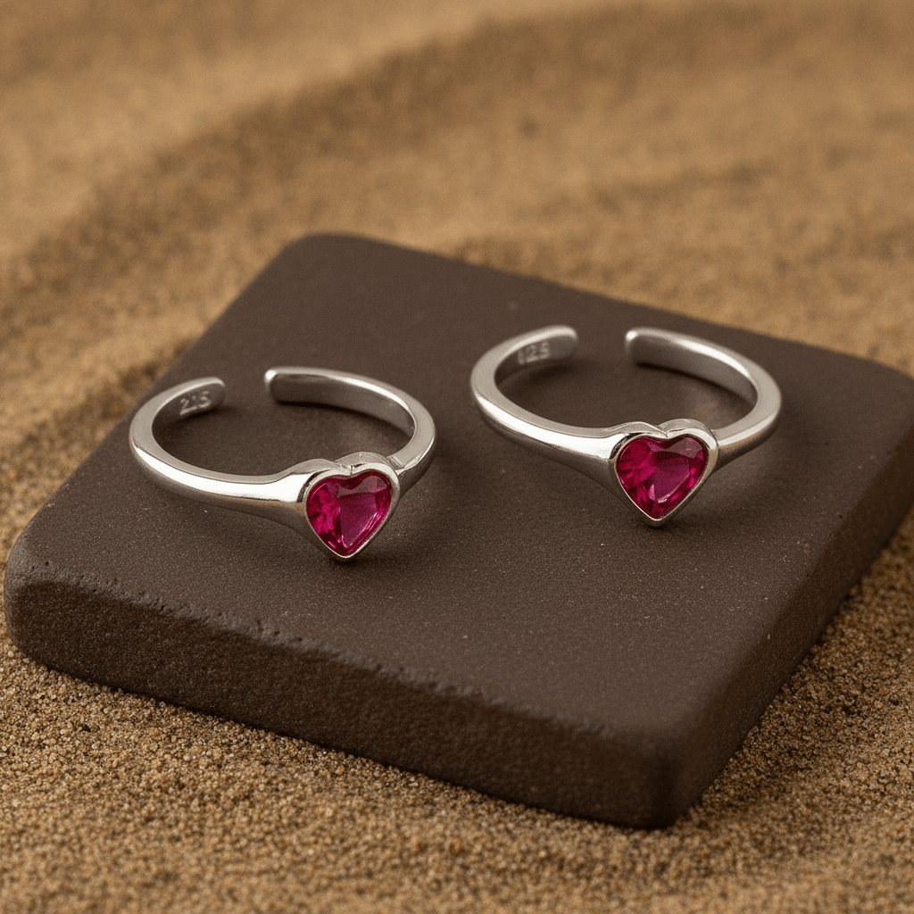 Pink Heart Silver Toe Ring | 925 Sterling Silver Adjustable Toe Ring for Women - Zirak Silver
