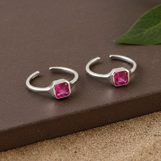 Pink Square Silver Toe Ring | 925 Sterling Silver Adjustable Fuchsia Pink Stone Toe Ring for Women - Zirak Silver