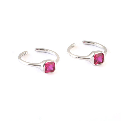 Pink Square Silver Toe Ring | 925 Sterling Silver Adjustable Fuchsia Pink Stone Toe Ring for Women - Zirak Silver