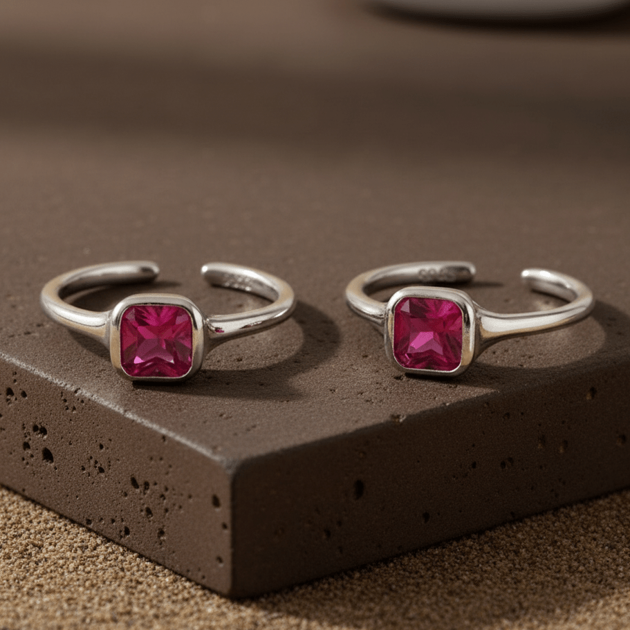 Pink Square Silver Toe Ring | 925 Sterling Silver Adjustable Fuchsia Pink Stone Toe Ring for Women - Zirak Silver