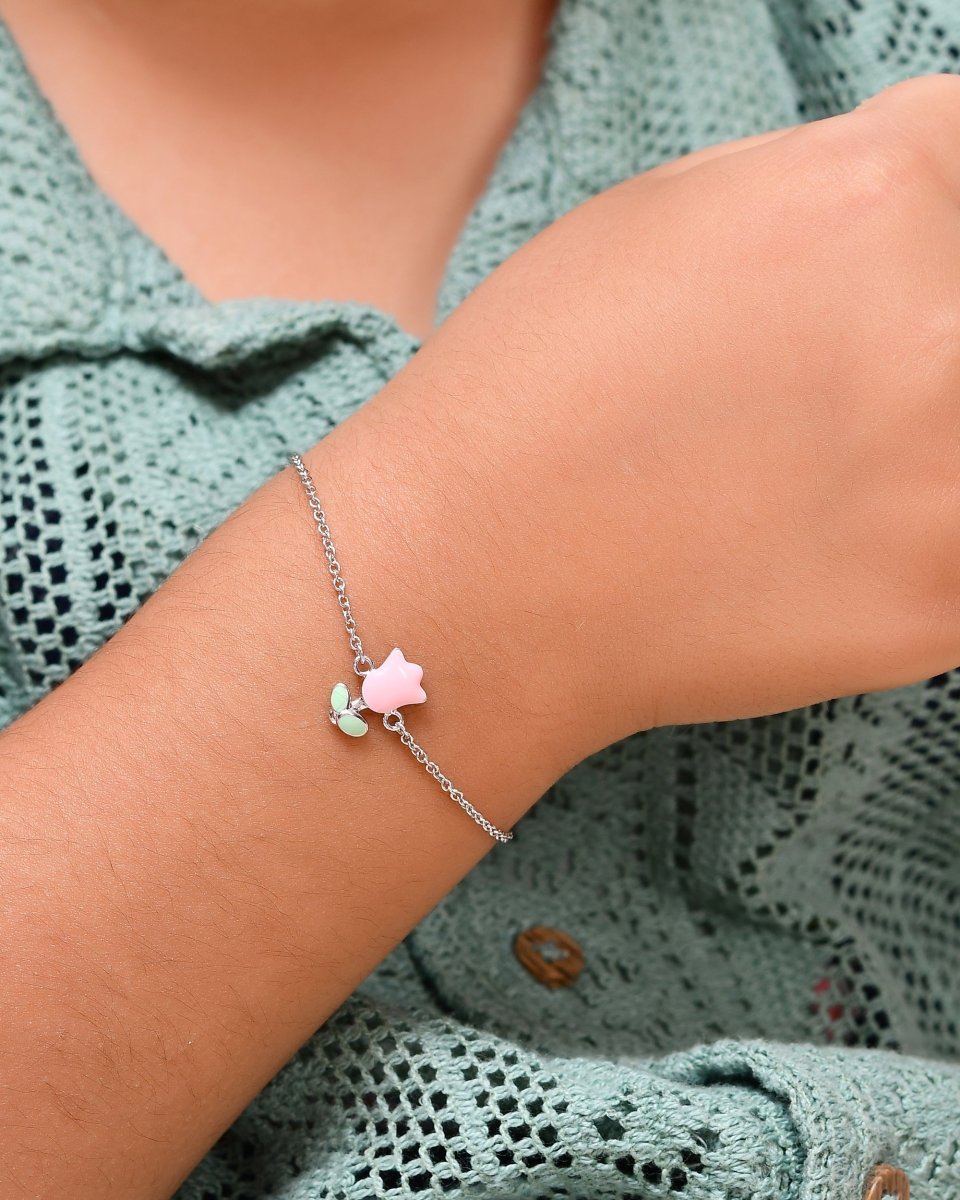 Pink - Tulip Sterling - Silver Kids Bracelet | Adjustable Chain & Mint - Leaf Charm - Zirak Silver