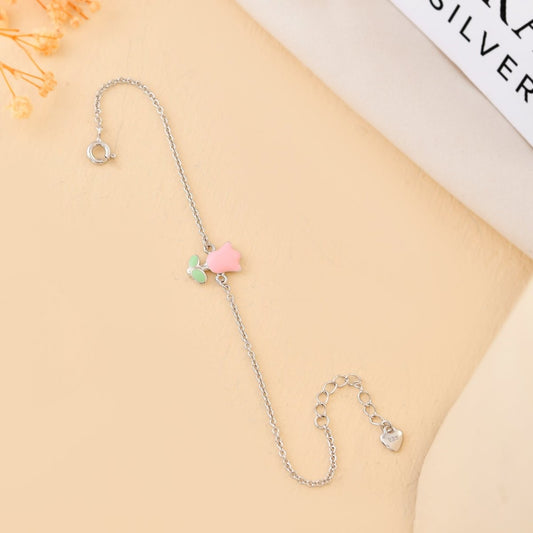 Pink - Tulip Sterling - Silver Kids Bracelet | Adjustable Chain & Mint - Leaf Charm - Zirak Silver