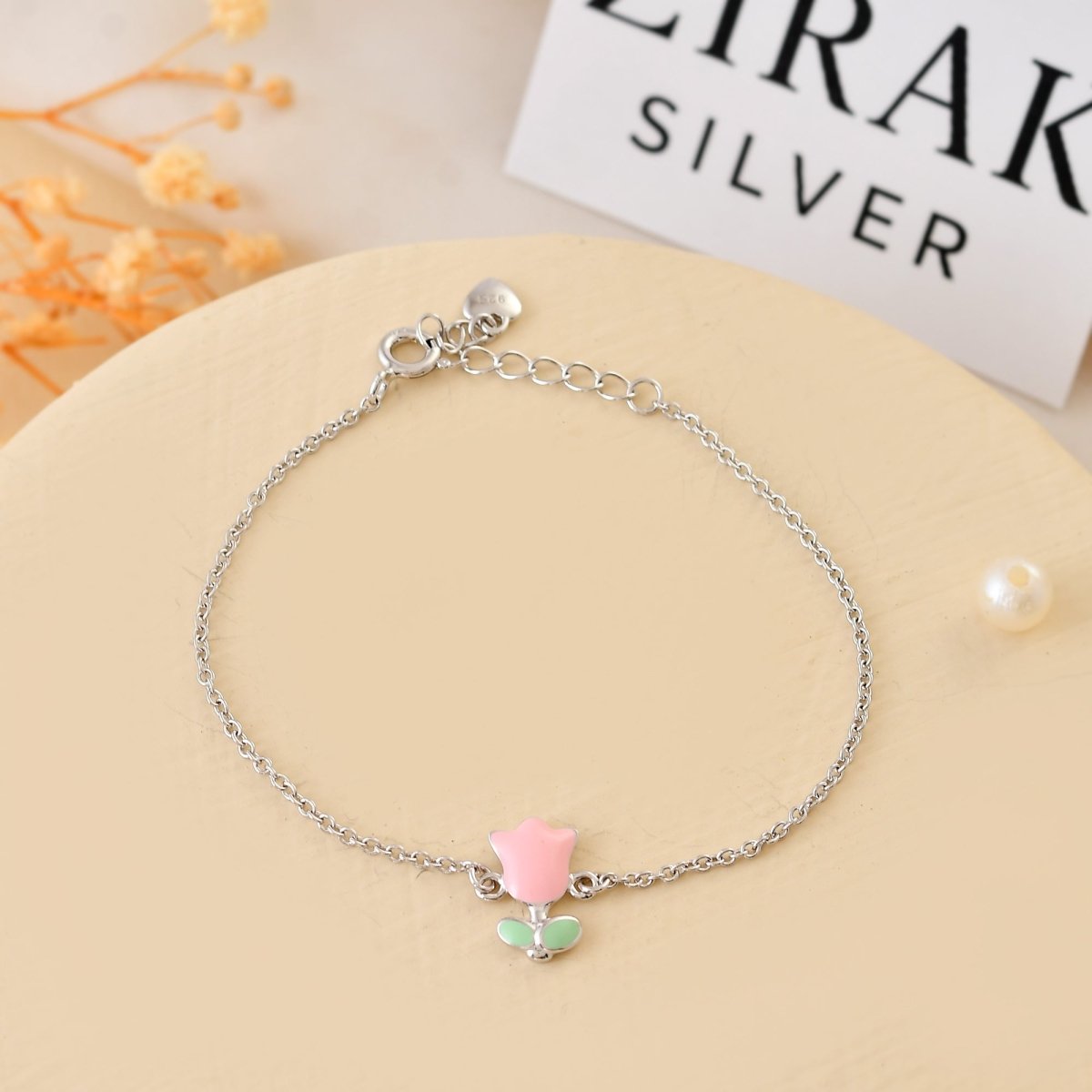 Pink - Tulip Sterling - Silver Kids Bracelet | Adjustable Chain & Mint - Leaf Charm - Zirak Silver