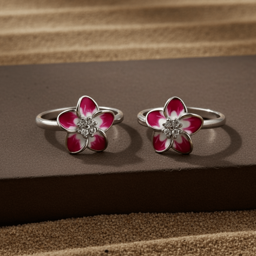 Pink White Blossom 925 Silver Toe Ring - Zirak Silver