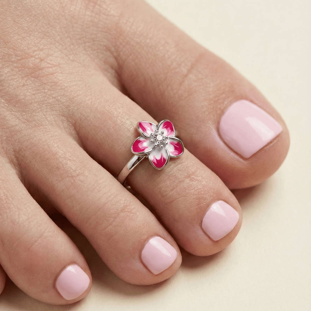 Pink White Blossom 925 Silver Toe Ring - Zirak Silver